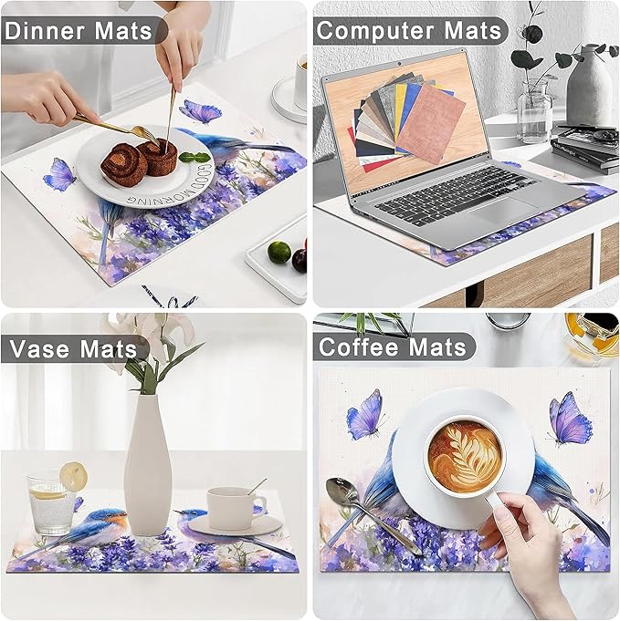 Lavender Birds Placemats Set of 4 Washable Table Mats Spring Floral Flower Heat-Resistant Cotton Linen Place Mats for Dining Table Kitchen Indoor Outdoor Party Holiday Decor