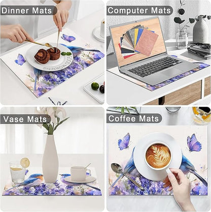 Lavender Birds Placemats Set of 6 Washable Table Mats Spring Floral Flower Heat-Resistant Cotton Linen Place Mats for Dining Table Kitchen Indoor Outdoor Party Holiday Decor