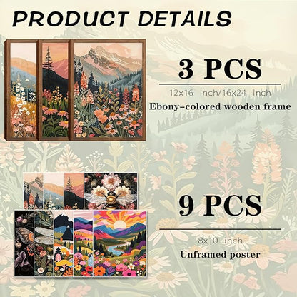 Colorful Nature Floral Wall Art Set of 3 24x16in Wood Framed, with 9 Bonus 8x10in Poster Art Prints, Boho Retro Wildflower Landscape Artwork Wall Decor for Living Room Bedroom Home Decor