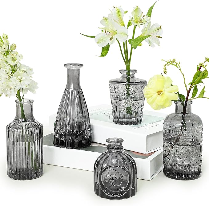 Glass Bud Vase Set of 5, Small Flower Vase for Centerpieces, Black Bud Vases in Bulk, Mini Vintage Vase for Rustic Wedding Decorations