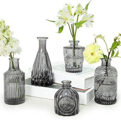 Glass Bud Vase Set of 5, Small Flower Vase for Centerpieces, Black Bud Vases in Bulk, Mini Vintage Vase for Rustic Wedding Decorations