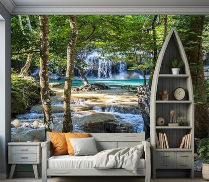 Cliouar--Erawan Waterfall in Kanchanaburi Mural Wallpaper Peel and Stick 160" x 114"