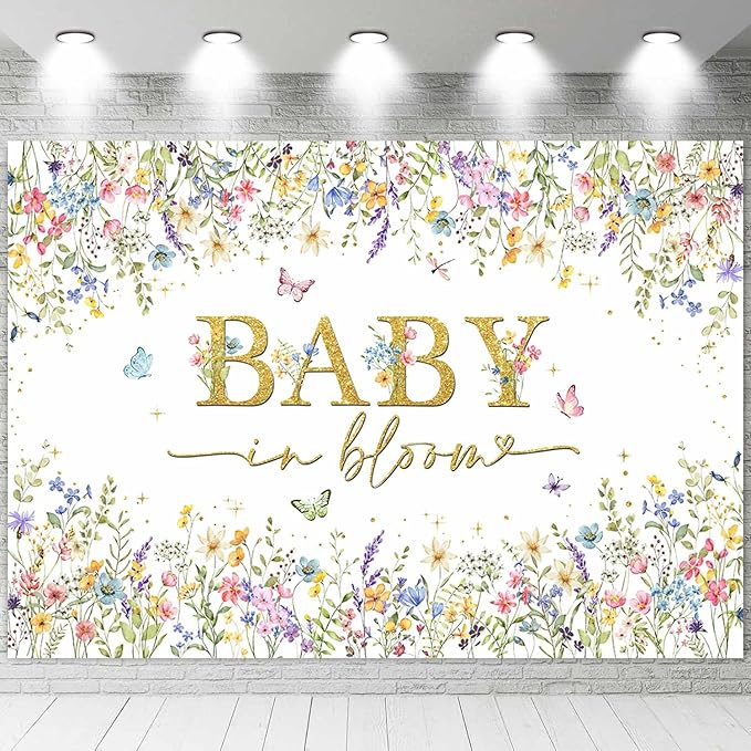 Sensfun Baby in Bloom Backdrop Wildflower Baby Shower Decorations Baby Girl's Watercolor Blossom Floral Butterfly Garden Baby Shower Photography Background Cake Table Banner Party Supplies 5x3ft