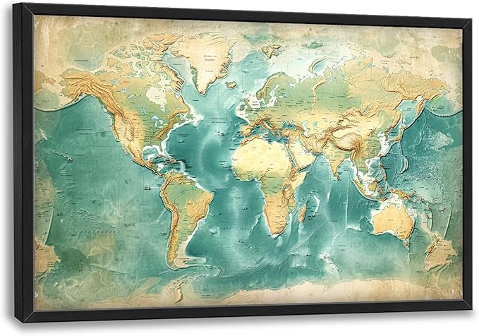 World Map Large Wall Art Framed Wall Decor for Living Room, Map Pictures Oversized Canvas Print Painting Modern Extra Large Framed Artwork for Bedroom Office Home Decor 36"x24"