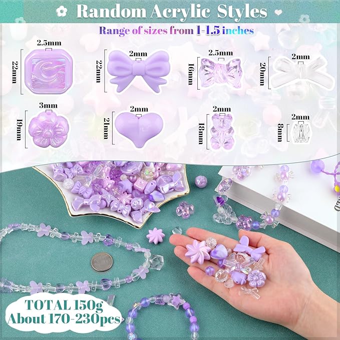 Assorted 200-260PCS Purple Acrylic Beads for Bracelet Making, Flower Bow Candy GummyBear Bracelet Charms,Cute Beads for Jewelry Making DIY Necklace Keychain Phone Charm Christmas Gift