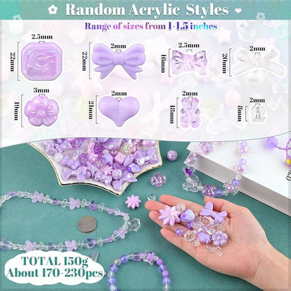 Assorted 200-260PCS Purple Acrylic Beads for Bracelet Making, Flower Bow Candy GummyBear Bracelet Charms,Cute Beads for Jewelry Making DIY Necklace Keychain Phone Charm Christmas Gift