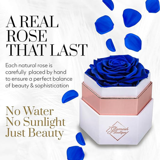 GLAMOUR BOUTIQUE Eternal Preserved Roses in a Box - Flowers Forever, Rose Forever in a Box for Wife, Birthday Gifts for Her, Single Rose, Blue