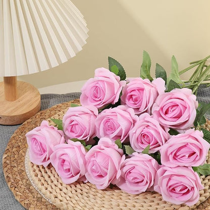 12Pcs Pink Roses Artificial Flowers Fake Roses Faux Velvet Silk Flower for Home Wedding Decoration (Pearl Rose, Gradient Pink)