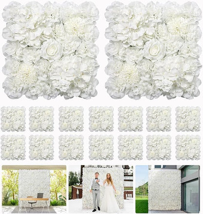 Artificial Flower Wall Backdrop 16pcs 16.5x16.5 Inch Silk Rose Floral Wall Panel Ideal for Wedding Celebrations, Festive Party Backdrops, and Elegant Home Decor-White