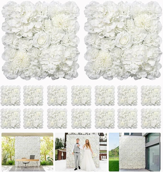 Artificial Flower Wall Backdrop 16pcs 16.5x16.5 Inch Silk Rose Floral Wall Panel Ideal for Wedding Celebrations, Festive Party Backdrops, and Elegant Home Decor-White