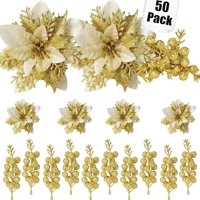 50pcs Glitter Poinsettia Christmas Ornaments, Artificial Flowers with Clips Stems for DIY Wreath Making, Holiday Home Party Decorations, Indoor Use (Gold)