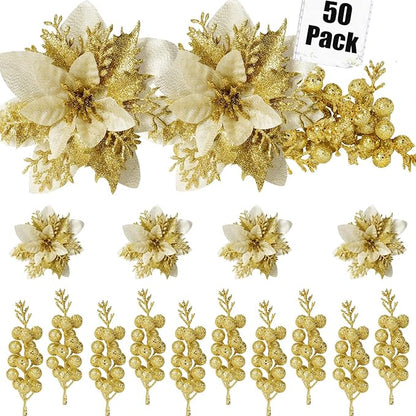 50pcs Glitter Poinsettia Christmas Ornaments, Artificial Flowers with Clips Stems for DIY Wreath Making, Holiday Home Party Decorations, Indoor Use (Gold)
