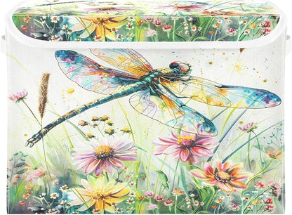 senya Baskets Collapsible Storage Bins with Lids, Dragonfly Wildflowers Painting Storage Boxes Clothes Baskets for Organizing, B06D22020