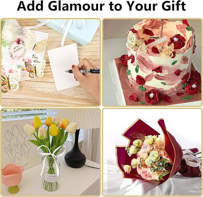 60 Sheet Flower Wrapping Paper-3 Colors Florist Bouquet Wrapping Paper for Wedding Birthday Gift, Flower Paper Wrap with 3 Rolls Ribbon,3D Butterflies, 3 Colors Crowns (Black, Rose Pink, White)