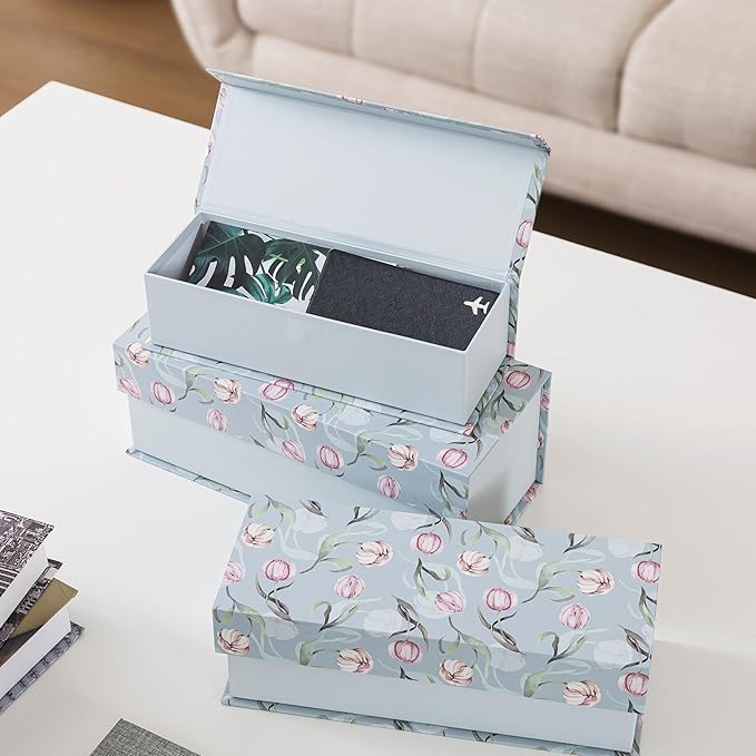 Soul & Lane Decorative Storage Boxes with Lids, Set of 3 Cardboard Boxes for Home Décor and Documents, Memory Organizers for Keepsakes with Magnetic Closure, Photo Storage, Spring Classic