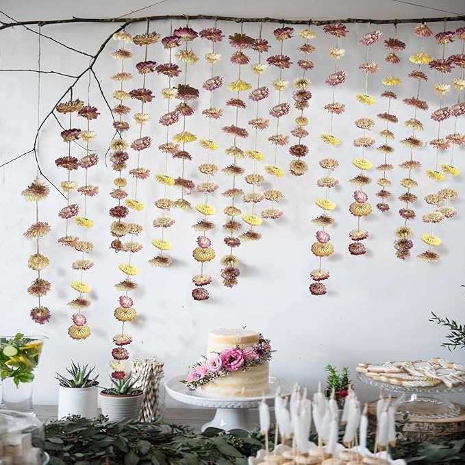 Dried Flowers Garland Pink Real Daisy Sunflower Garlands 10.5ft 63 Pcs Natural Dried Daisy Flowers Heads Gerbera Daisies Dry Flower Arrangements for Wedding Boho Decor Home Party Wall Hanging