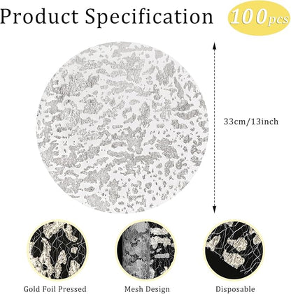 Hysenm 100 Pcs Disposable Silver Placemats Set Metallic 13 Inch Round Foil Mesh Pressed Table Doilies, Ultra-Thin Disposable Placement Mats for Home Decoration Dining Table Wedding Birthday Party