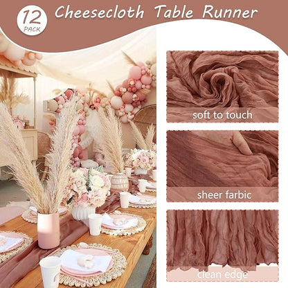 12 Pack 10Ft Cheesecloth Table Runner 35x120 Inch Boho Gauze Table Runner Rustic Cheese Cloth Long Romantic Table Runners for Wedding Bridal Shower Birthday Party Table Decor (Dusty Blush)