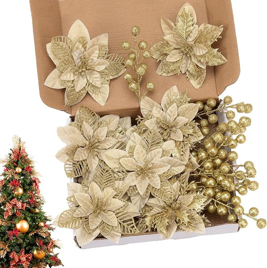 24 Pcs Gold Boxed Christmas Poinsettia Flowers Set, 16 Pcs Artificial Poinsettias with Clips, 8 pcs Glitter Christmas Tree Ornaments Berry Stems for Wedding Home Holiday Xmas New Year Decorations