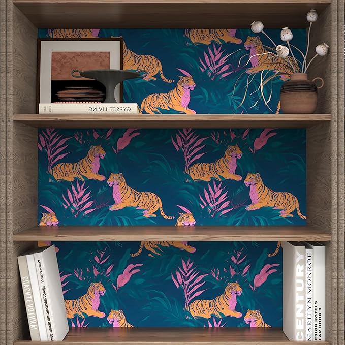 Tiger Wallpaper Peel and Stick Tropical Contact Paper Jungle Animal Boho Vintage Renter Friendly Wall Paper for Drawer Wall Countertop Cabinet Removable 17.5 x 118In