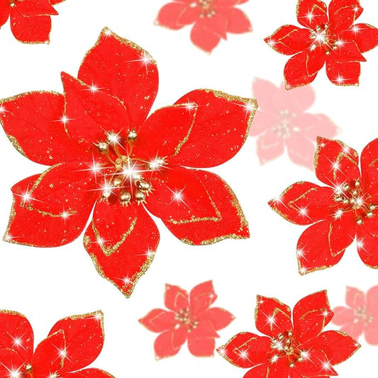 WILLBOND 24 Pcs 3 Size Poinsettia Flower Artificial Christmas Decor Glitter Poinsettia Christmas Ornaments Faux Flowers for Xmas Tree Outdoor(3.2/4/6 Inches,Red)