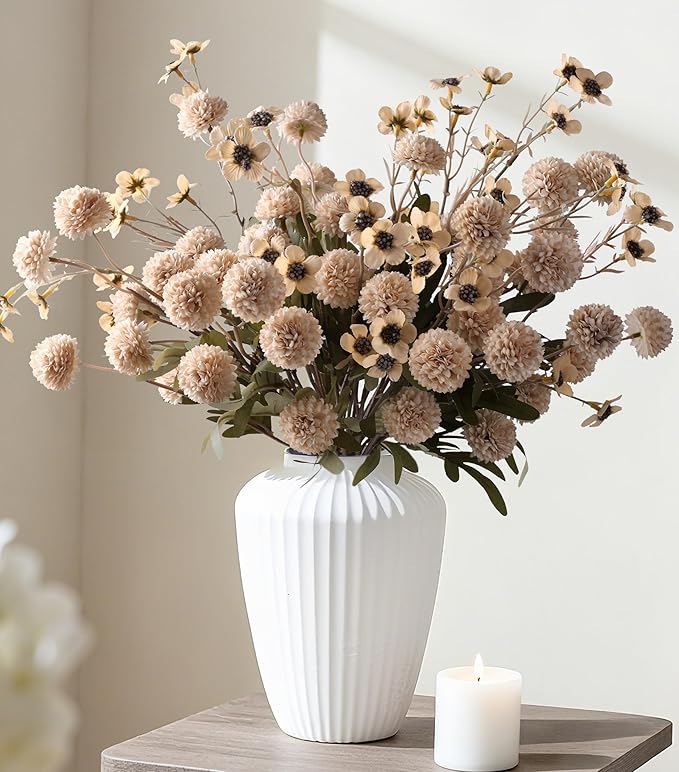HyeFlora Fake Kiku Flowers,Faux Silk Pompon Mums 40heads Artificial Flowers,Chrysanthemum Stems Floral Arrangement Dried Flowers Vintage Decorative Indoor Home Vase Decor Beige with Wax