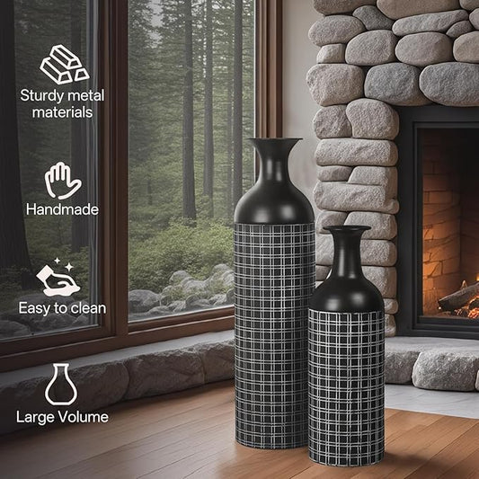 Tall Floor Vase Set of 3, Large Black Metal Vase with Minimalist White Lines & Detachable Vases Mouth, Big Modern Decorative Vases for Living Room,Hallway,Dining Rooms,Office,Kitchen.