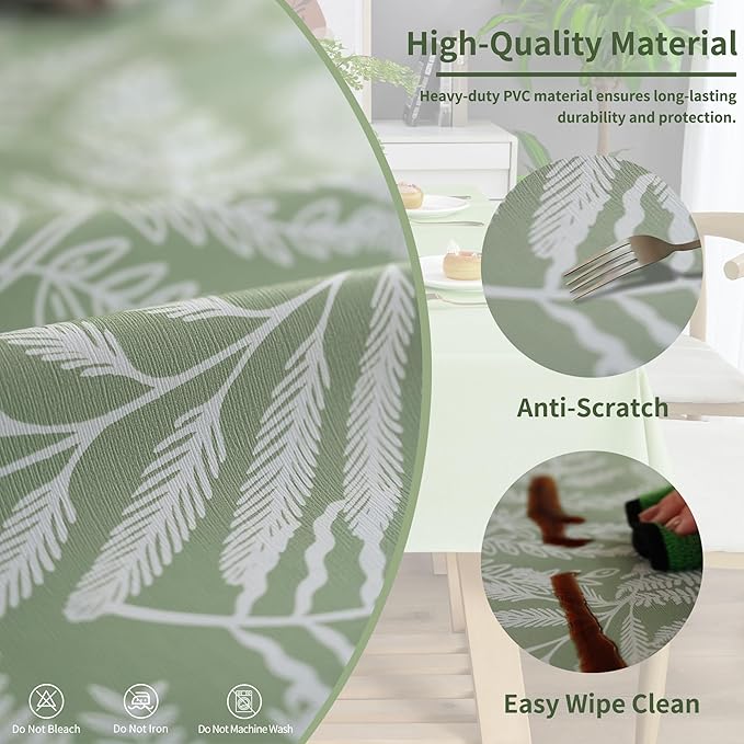 Rectangle Table Cloth,100% Waterproof Tablecloth Oil Proof Spill Proof Vinyl Table Cloth, Wipe Clean Plastic Table Cover for Dining, Camping, Indoor and Outdoor 54" x 78",Green Leaves