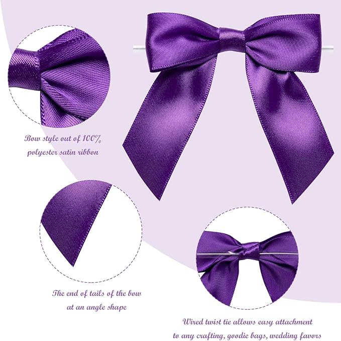 WRAPAHOLIC 30 Pcs 3" Purple Satin Ribbon Bows with Twist Tie - Pretied Premade Craft Bows for Christmas Party Crafts Treat Bags Gift Wrapping Wedding Birthday Baby Shower