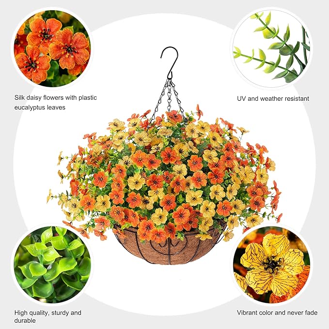 HyeFlora Artificial Fake Hanging Mums Plants Flowers Basket for Fall Autumn Outdoor Decor, Faux Silk Orange Dasiy Flower Look Real UV Resistant for Outside Porch Home Patio Garden Decoration