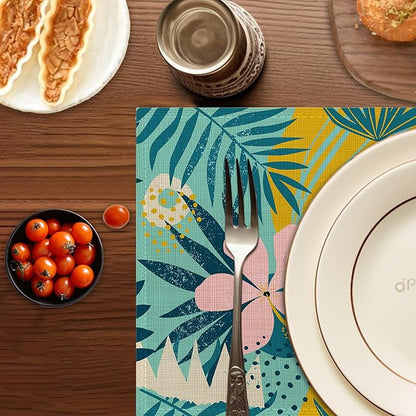 Tropical Leaves Placemats Set of 6,Washable Heat Resistant 12×18 Inch Linen Table Mats Summer Place Mats for Party Outdoor Dining Décor