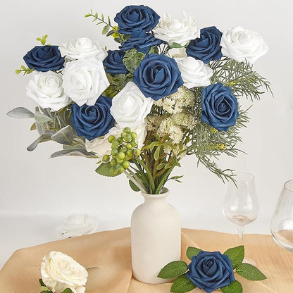 Artificial Flowers, 50pcs Blue and White Fake Flower for DIY Wedding Bouquets Centerpieces Arrangements, Artificial Rose with Stem for Party Home Decorations
