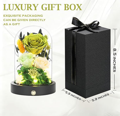 Preserved Flowers in Glass Dome with LED Light, Forever Flowers for Delivery, Eternal Roses Gifts for Women Mom Girlfriend Wife . Valentines Day Mothers Day Anniversary Birthday Gifts For Her(Green)