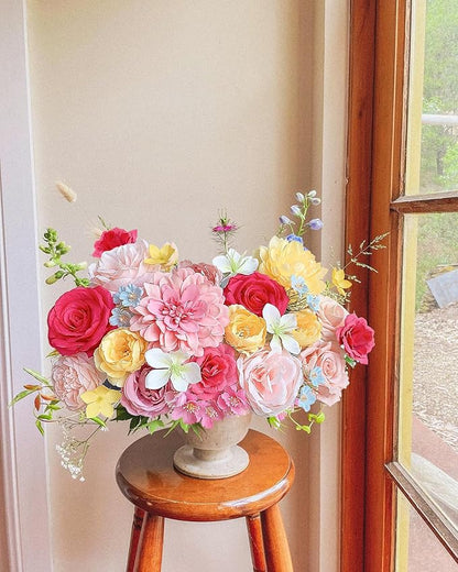 Roses Artificial Flowers Pink Yellow Fake Flower Bulk for Easter Spring Wreath DIY Wedding Bouquet Bridal Baby Shower Party Table Centerpiece Home Decorations Silk Floral Arrangements Fuchsia