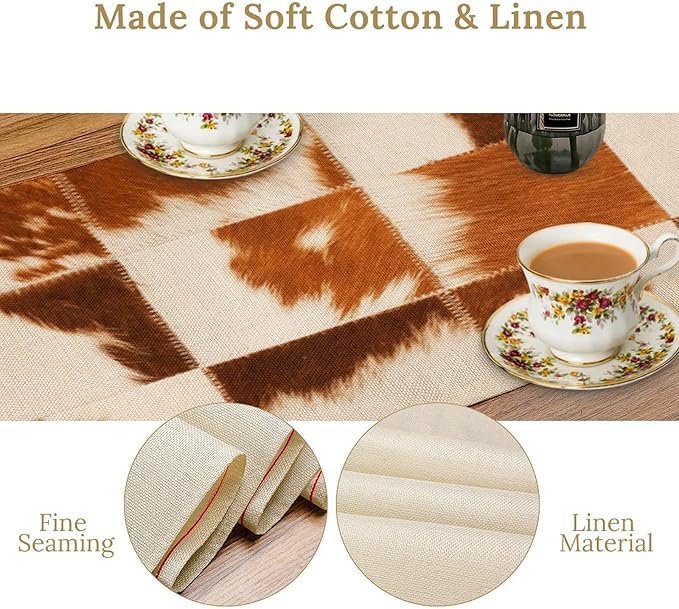 Cow Skin Print Table Runner, Rustic Country Farmhouse Animal Fur Skin Western Farm Brown Cowhide Print Dinner Runner Table Decoration for Party Holiday Home Kitchen Dining 13x108in