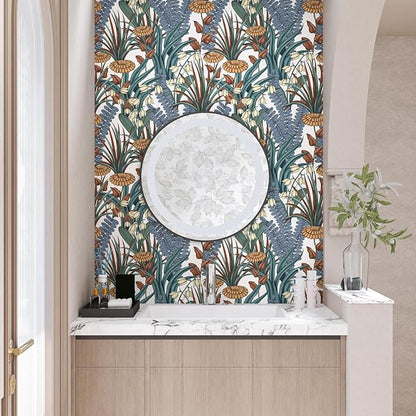 Boho Floral Peel and Stick Wallpaper, Vintage Botanical Contact Paper, Self Adhesive Wall Mural 17.5" x 118" Tropical Wall Paper Waterproof Removable for Bedroom Walls Cabinet (White, Orange, Blue)