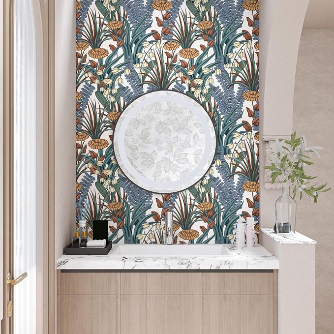 Boho Floral Peel and Stick Wallpaper, Vintage Botanical Contact Paper, Self Adhesive Wall Mural 17.5" x 393.7" Tropical Wall Paper Waterproof Removable for Bedroom Walls Cabinet (White, Orange, Blue)