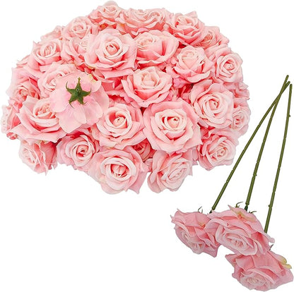 Artificial Satin Rose Flower Heads,48 Pcs Silk Rose Heads with Stems,3.3'' Rose Artificial Flowers Bulk,Artificial Rose Flower Heads for DIY Crafts Bouquet (48, Pink)