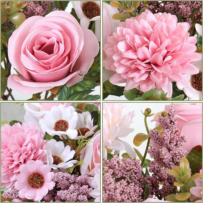 Dremisland Artificial Flowers Like Real Artificial Bouquet 2 Packs Silk Artificial Roses Bouquet with Daisy Chrysanthemum Pink Flowers for Centerpiece Table Wedding Party Home Decor