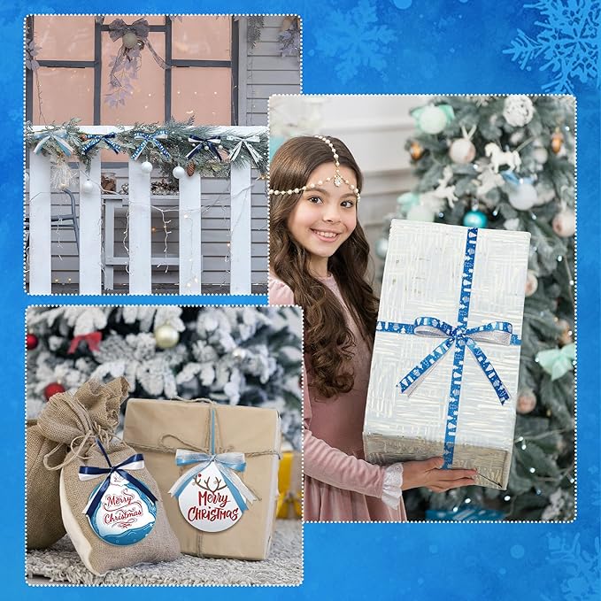 6 Rolls Winter Blue Snowflake SnowmanChristmas Ribbon for Crafts Xmas Crafts Wreath DIY Making Supplies for Gift Wrapping Bow Decoration