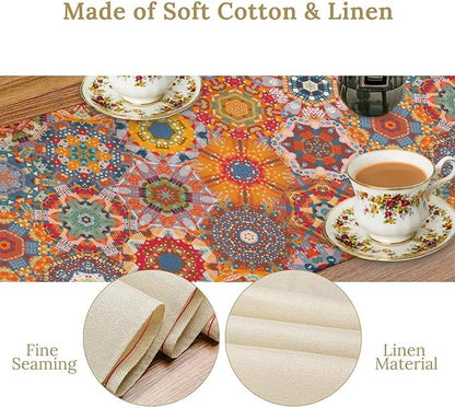 Boho Table Runner, Orange Geometric Mandala Flower Fall Farmhouse Decor Table Runner for Kitchen Dining Party Home Decoration, 13x120 Inch