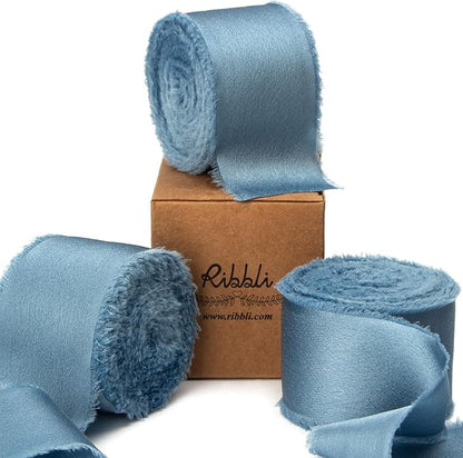 Ribbli Dusty Blue Silk Satin Ribbon 1.5 Inch x 30 Yard Handmade Frayed Chiffon Dusty Blue Ribbon for Gift Wrapping Wedding Invitations Bridal Bouquets Home Decor