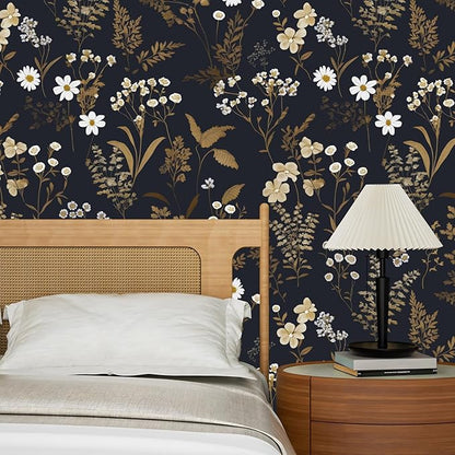 Dark Floral Wallpaper Peel and Stick 17.5in x 78.7in Navy Gold Leaf Wallpaper Vinyl Waterproof Self-Adhesive Dark Blue Botanical Wall Paper Mural for Bookcase Bedroom Cabinet Decor