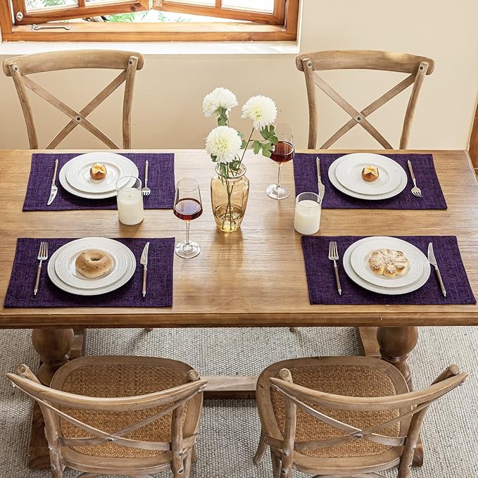 Blue Forest Placemats Set of 8, Dual-Layered Thickened Faux Linen Cloth Place Mats Heat Resistant Machine Washable Wrinkle Free Table Mats Indoor/Outdoor (Purple)