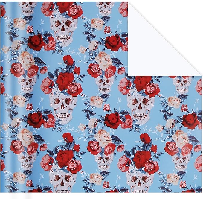 Aimyoo Blue Skull Floral Wrapping Paper Roll 17 in x10ft, Horror Gothic Gift Wrap Paper for Halloween Wedding Bridal Shower