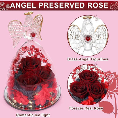 Mothers Day Rose Gifts for Women, Large Angel Figurines with Real Roses, Preserved Real Flower Rose for Her - Wine Red