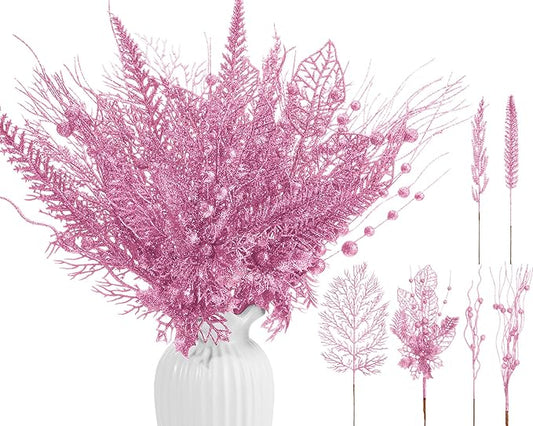 30 Pcs Artificial Christmas Tree Picks and Sprays Glitter Berry Stem Branches Holly Floral Picks Twigs Christmas Tree Ornaments for DIY Xmas Wreath Vase Filler Decorations(Pink)