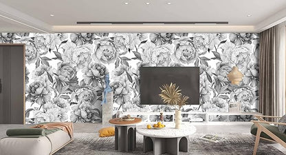 Grey Peony Floral Wallpaper Bedroom Black and White Botanical Flowers Leaf murals Aesthetic Room Decor Living Room tv Background Large Wall Mural - 274"x96" Not Peel and Stick