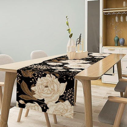 Vintage Flowers Table Runner,Black Gold Peony Rose Print Table Runner for Home Kitchen Table Dining Indoor Outdoor Party Decor 13x90 Inch