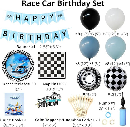 127 PCS Racecar Birthday Decorations – F1 Birthday Decorations Includes Race Car Balloon Arch Kit, Pump, Cake Topper, Paper Plates, Napkins, Forks, and Banner, for Boys & Men, Serves 20